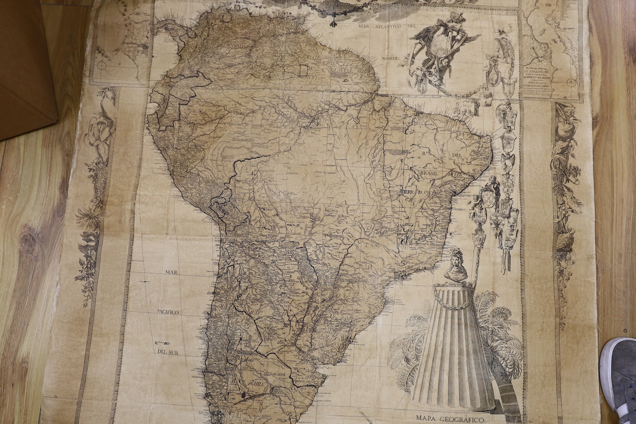 A map of South America laid on canvas, 97cm wide